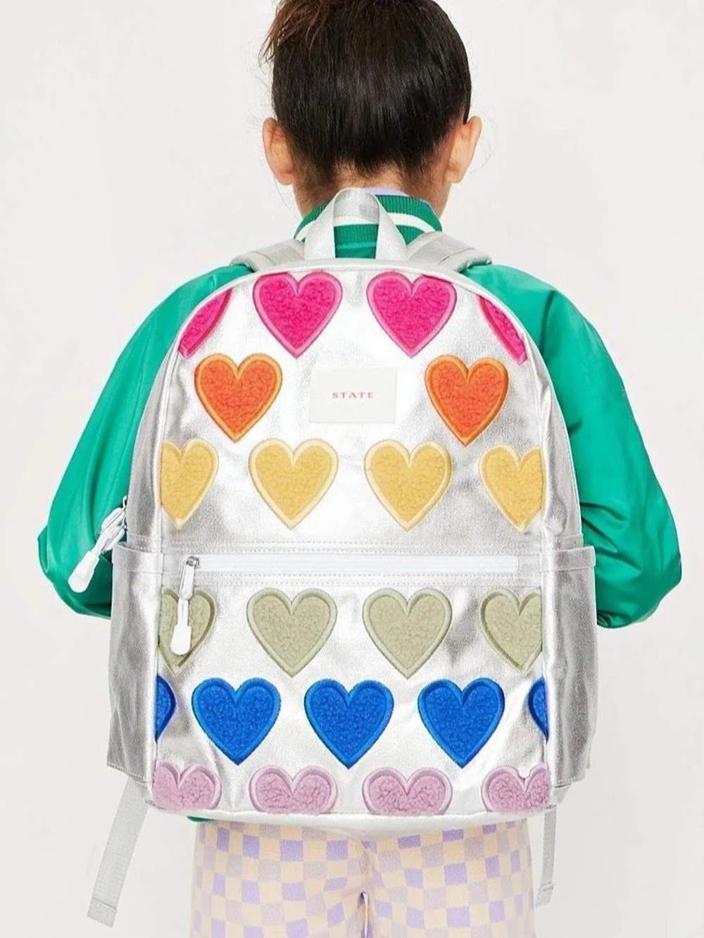 STATE Kane Backpack Fuzzy Hearts Metallic Silver